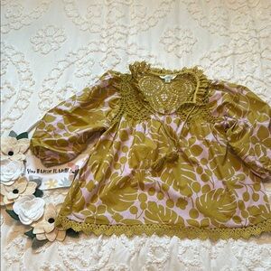 Sundance Chartreuse  and Pink Blouse with Romantic Billowy Sleeves. Size S